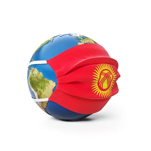 Globo Terra Una Maschera Medica Con Bandiera Del Kirghizistan Isolato — Foto Stock
