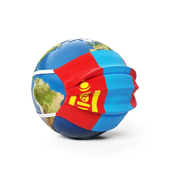 头戴医疗面罩 蒙蒙国旗 白色背景隔离 全球流行的中国头孢病毒的概念 3D渲染 — 图库照片