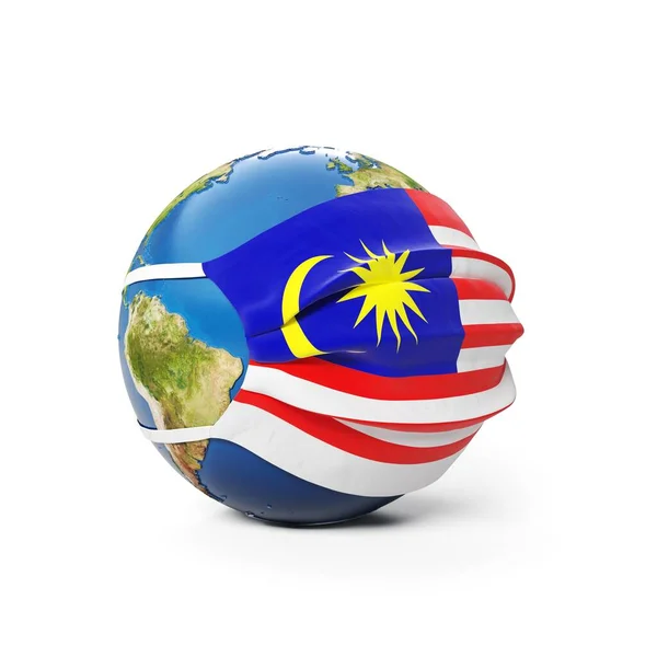 Země Globe Lékařské Masce Vlajkou Malajsie Malajsie Izolované Bílém Pozadí — Stock fotografie