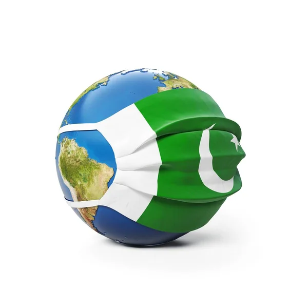 パキスタンの国旗が白地に隔離された医療用マスクの地球球 中国のコロナウイルスの概念の世界的な流行 3Dレンダリング イラスト — ストック写真