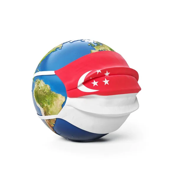 Země Globe Lékařské Masce Vlajkou Singapuru Singapurské Izolované Bílém Pozadí — Stock fotografie