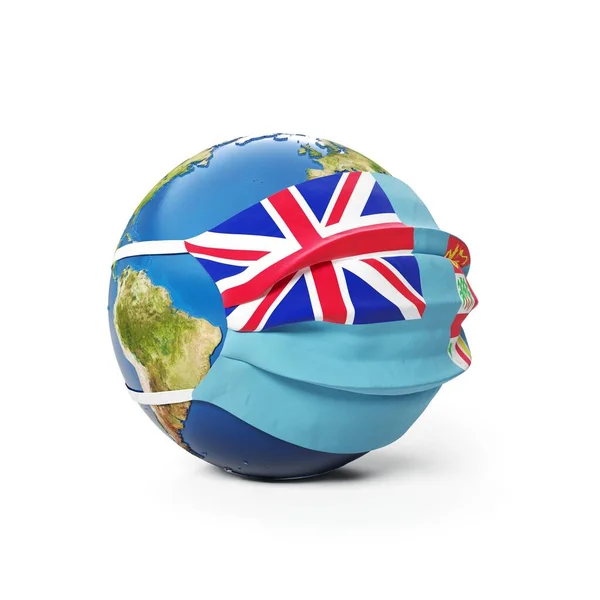 头戴医疗面罩的地球地球 其上挂着斐济国旗 背景为白色 全球流行的中国头孢病毒的概念 3D渲染 — 图库照片