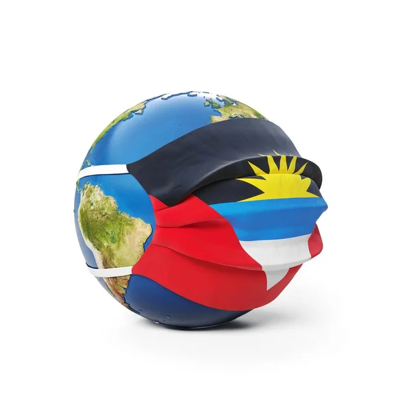 Globo Tierra Una Máscara Médica Con Bandera Antigua Antigua Barbuda — Foto de Stock