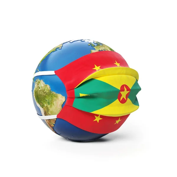 戴着医疗面罩的地球地球 白色背景上隔绝着格林纳达国旗 全球流行的中国头孢病毒的概念 3D渲染 — 图库照片