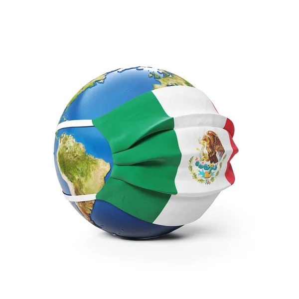 带着医疗面具的地球 墨西哥国旗 白色背景隔离 全球流行的中国头孢病毒的概念 3D渲染 — 图库照片