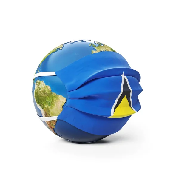戴着医疗面罩的地球地球 上面挂着圣卢西亚国旗 白色背景孤立 全球流行的中国头孢病毒的概念 3D渲染 — 图库照片