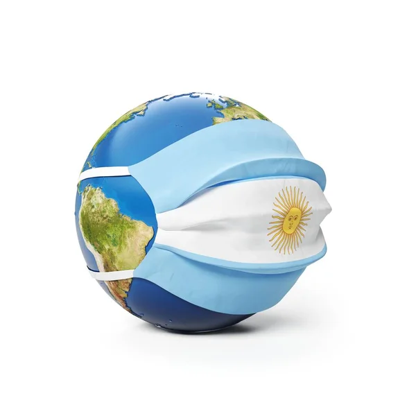 Earth Globe Einer Medizinischen Maske Mit Der Flagge Argentiniens Isoliert — Stockfoto