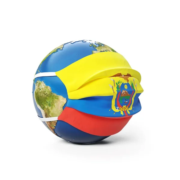 Globo Tierra Una Máscara Médica Con Bandera Ecuador Ecuatoriano Aislado — Foto de Stock