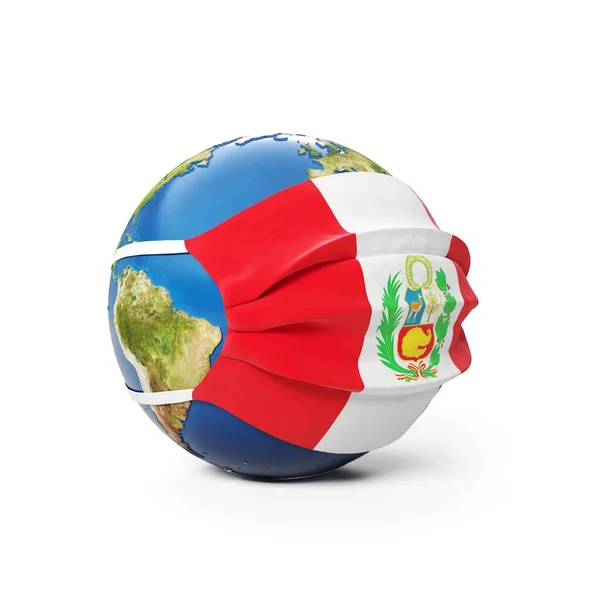 头戴医疗面罩 头戴秘鲁国旗 背景为白色 全球流行的中国头孢病毒的概念 3D渲染 — 图库照片