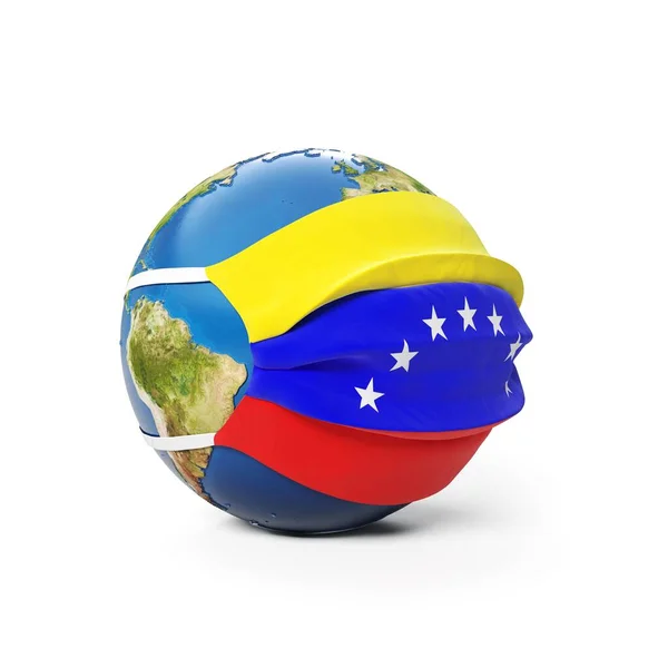 戴着医疗面罩的地球地球 带有委内瑞拉国旗 背景为白色 全球流行的中国头孢病毒的概念 3D渲染 — 图库照片
