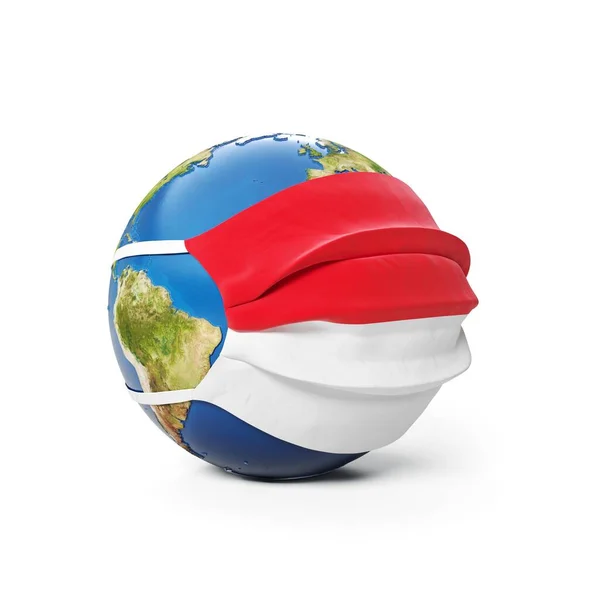 戴着医疗面罩的地球地球 印度尼西亚国旗 白色背景孤立 全球流行的中国头孢病毒的概念 3D渲染 图库照片