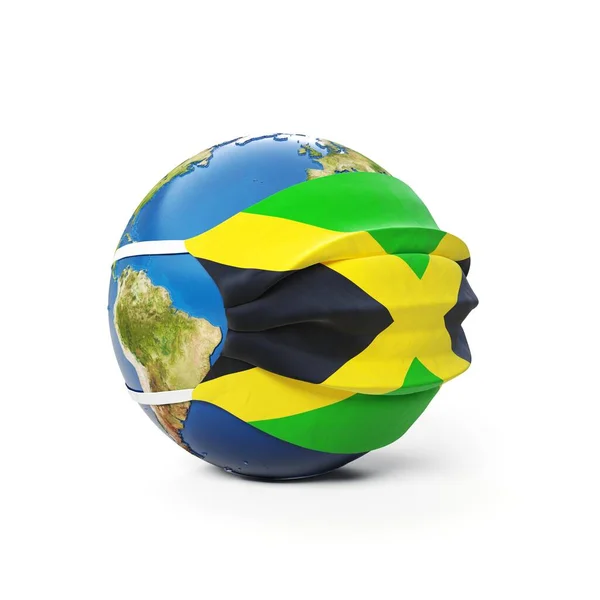 Globo Terra Uma Máscara Médica Com Bandeira Jamaica Jamaica Isolado Imagem De Stock