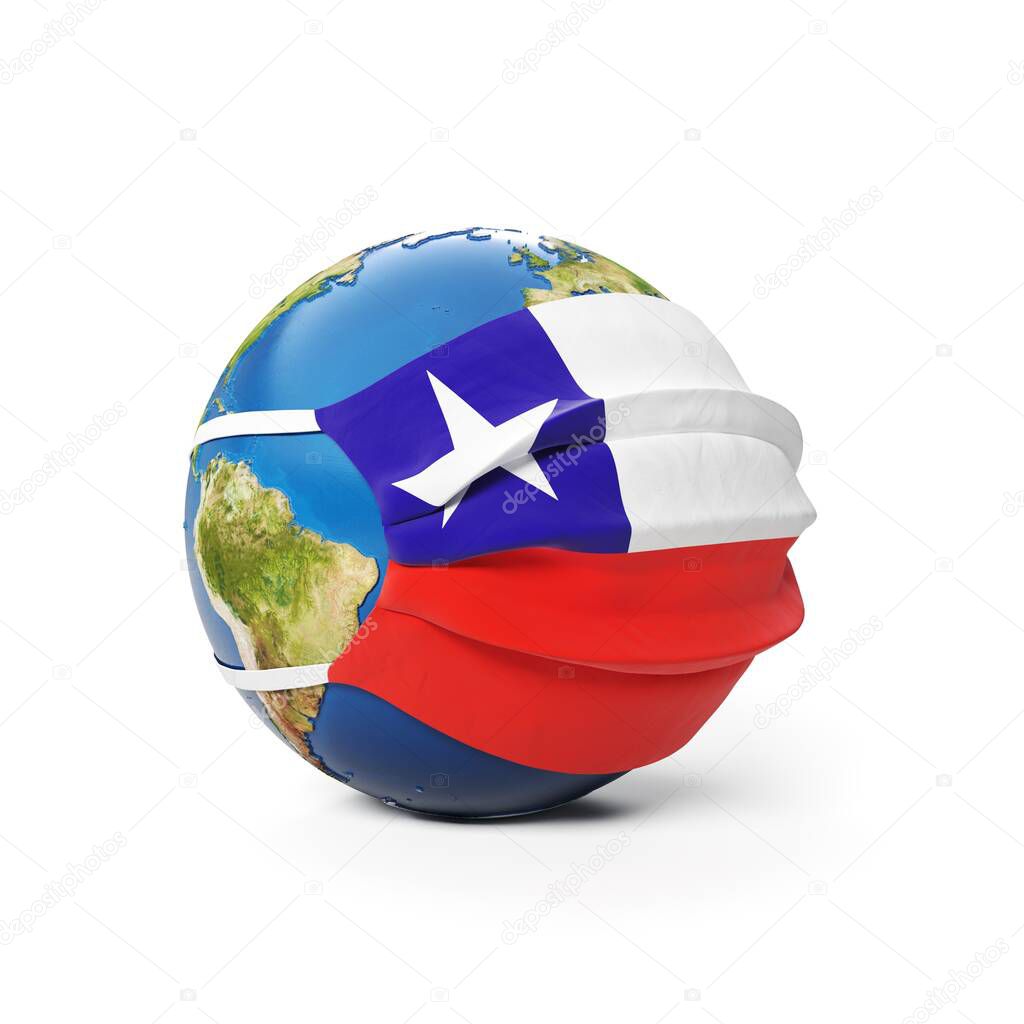 Earth Globe in a medical mask with flag of Chile Chilean isolated on white background. Global epidemic of Chinese coronavirus concept. 3D Rendering, Illustration.