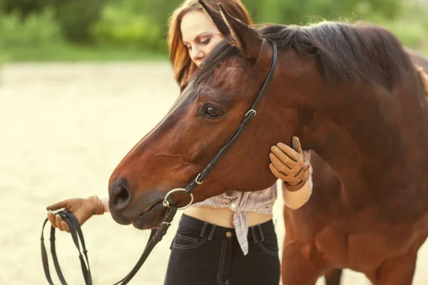 Krásná žena a kůň — Stock fotografie