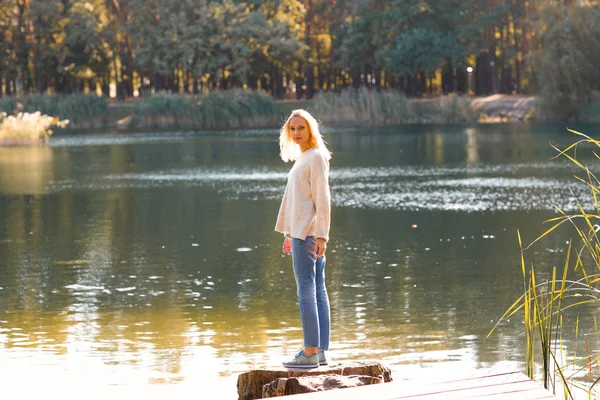 Κορίτσι Ένα Φθινοπωρινό Πάρκο Κοντά Μια Λίμνη Κατέχει Ένα Δισκίο — Φωτογραφία Αρχείου