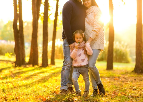 Família brincando no parque de outono se divertindo ao pôr do sol — Fotografia de Stock