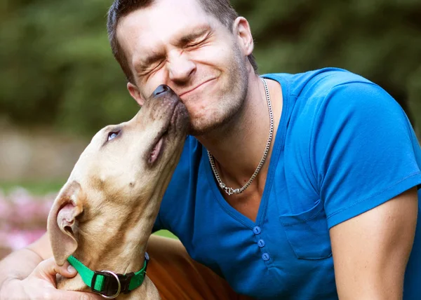 Tipo con su perro abrazándose en el parque — Foto de Stock