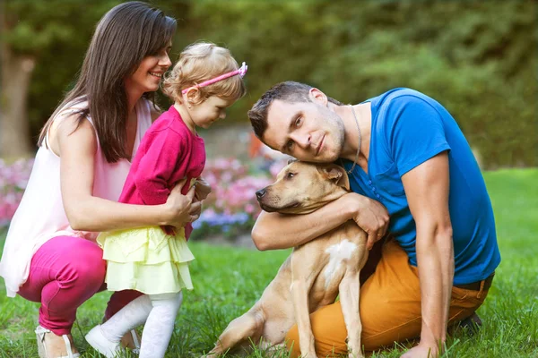 Família feliz brincando no parque com seu cão — Fotografia de Stock