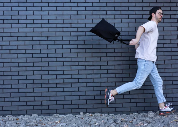 Fashion Guy Posing Brick Black Urban Background — Stock Photo, Image