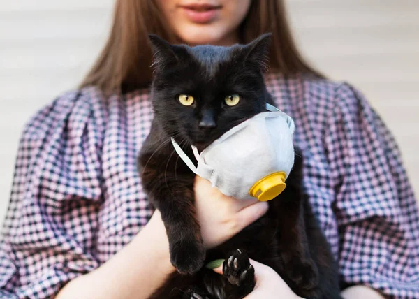 Dívka Držící Kočku Rukou Kočky Nosící Lékařskou Masku Důvodu Koronaviru — Stock fotografie