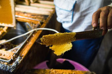 el ve bir balmumu tatlım karesinden kesme için özel bir bıçak mans