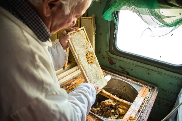 The beekeeper separates the wax from the honeycomb frame.