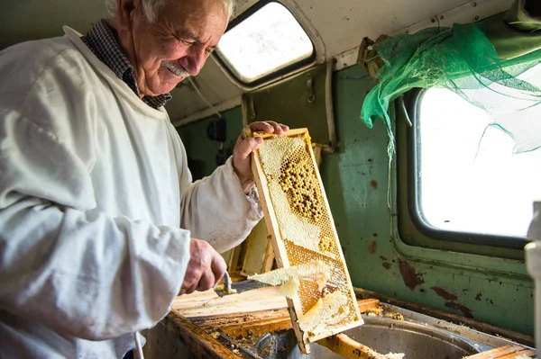 The beekeeper separates the wax from the honeycomb frame.