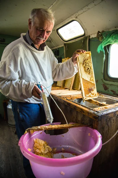 L'apiculteur sépare la cire du cadre en nid d'abeille . — Photo