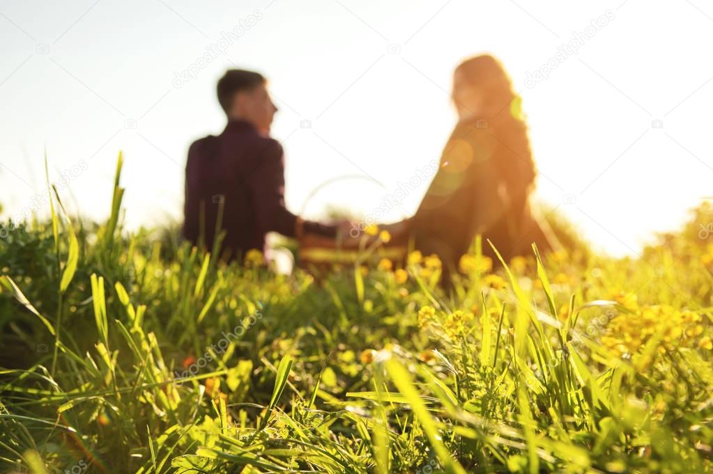 View from the back. Young married couple on picnic outdoors