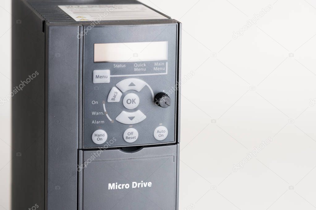 A new universal inverter for controlling the electric current and power for industrial on a gray white background.