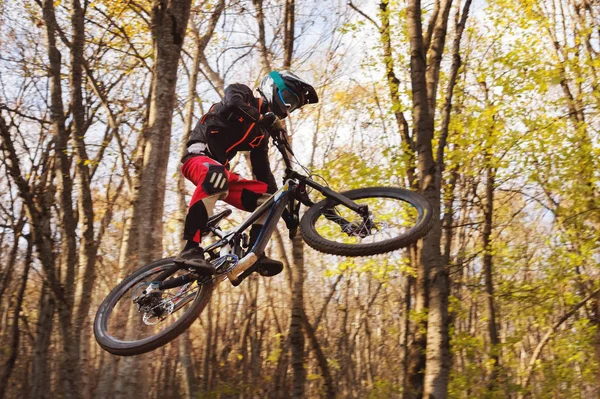 Un giovane cavaliere al volante della sua mountain bike fa un trucco nel saltare sul trampolino del sentiero in discesa nel bosco autunnale — Foto Stock