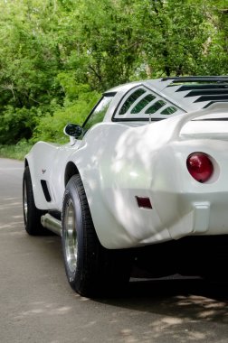 Nevinomyssc, Rusya Federasyonu - 13 Mayıs 2016: otomobiller. Eski Amerikan arabaları dışına fotoğraf. Chevrolet Corvette C3 1978s. Bir ormandaki bir ülke yolda makinenin arka görünüm