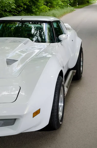 Nevinomyssc, russland - 13. Mai 2016: automobile. Offsite-Fotografien alter amerikanischer Autos. Chevrolet Corvette c3 1978s. Maschinentyp seitlich auf einer Landstraße im Wald — Stockfoto