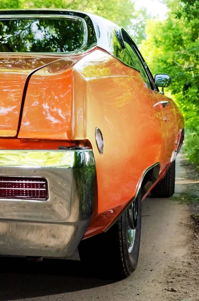 NEVINOMYSSC, RUSSIA - 13 maggio 2016: Automobiles. Fotografia fuori sede di vecchie auto americane. BUICK SKYLARK GS 350 1968s. Vista posteriore della macchina su una strada di campagna in una foresta — Foto Stock