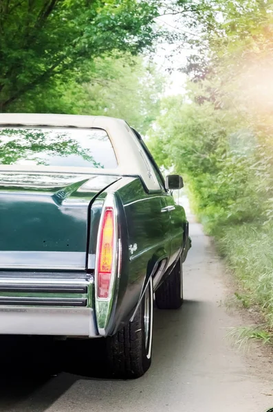 Nevinomyssc, russland - 13. Mai 2016: automobile. Offsite-Fotografien alter amerikanischer Autos. cadillac deville delegance 1978s. Rückansicht einer Maschine auf einer Landstraße im Wald — Stockfoto