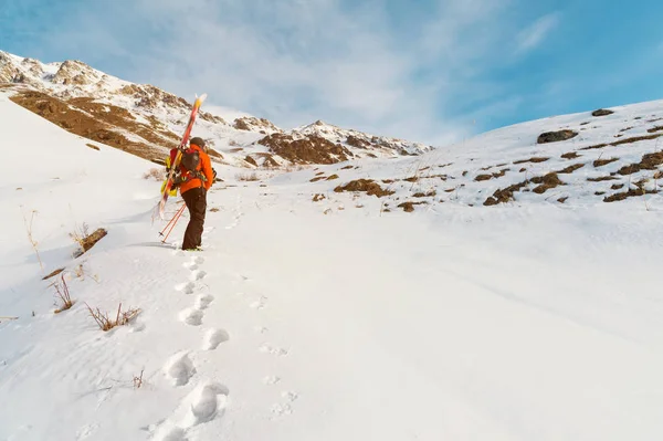 Freeride lyžařské stoupá po svahu do hlubokého sněhu prášku s vybavením na zádech, na batoh. — Stock fotografie