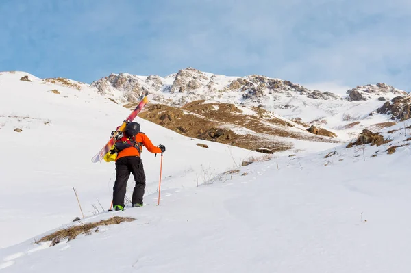 O freerider do esqui sobe a inclinação no pó profundo da neve com o equipamento na parte traseira fixado na mochila . — Fotografia de Stock