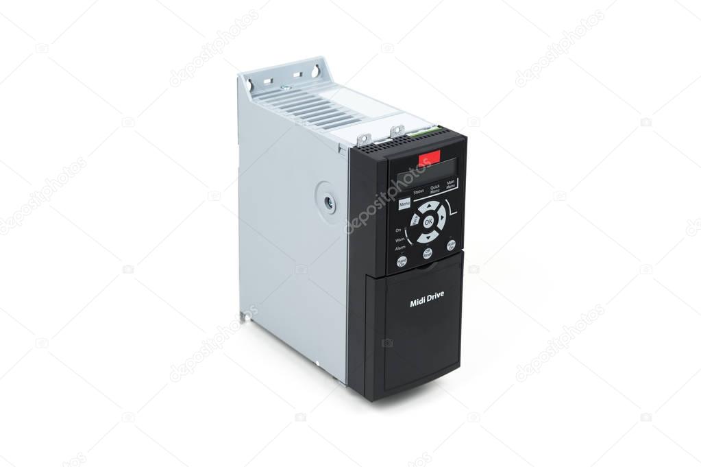 A new universal inverter for controlling electric current and power for industrial use on an isolated white background. Frequency converter - rectifier - power stabilizer.