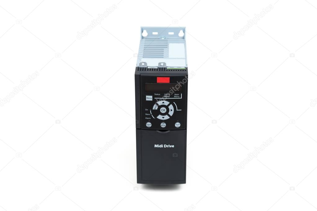 A new universal inverter for controlling electric current and power for industrial use on an isolated white background. Frequency converter - rectifier - power stabilizer.