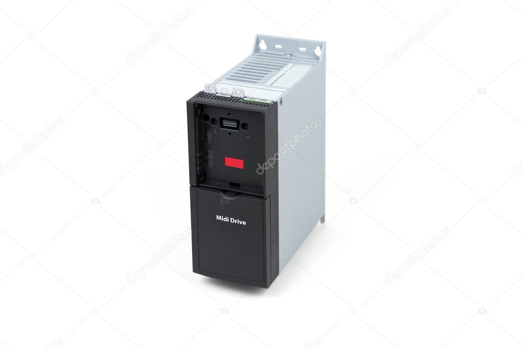 A new universal inverter for controlling electric current and power for industrial use on an isolated white background. Frequency converter - rectifier - power stabilizer. Without control panel