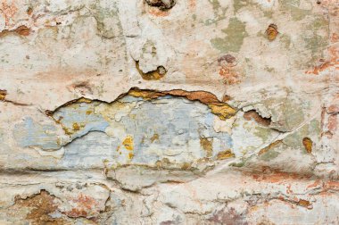 Yakın çekim dokulu arka plan çok katmanlı dökülüyor boya duvar. Boya yüzeyi cleaved katmanlar halinde farklı renkleri karıştırma. Doku derin bir desen ile