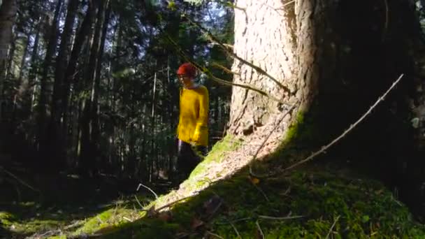 Een actieve gezonde hipster meisje-fotograaf met een camera in haar handen loopt door het bos. Lage sleutel 60 Fps slow-motion. GoPro 6 zwart met een drie-as handvat gimbal stabilisator — Stockvideo