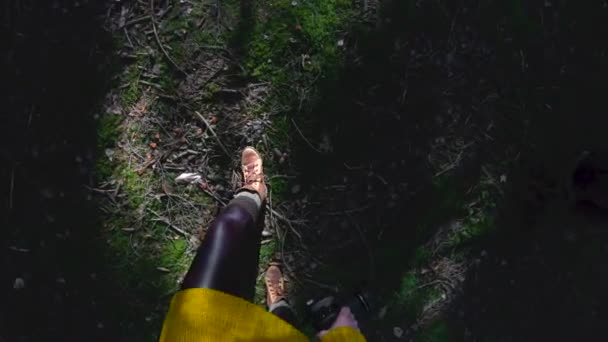 Uma menina-fotógrafa hipster saudável ativa com uma câmera em suas mãos caminha pela floresta. Vista em primeira pessoa. Baixa chave 60 FPS câmera lenta. GoPro 6 Preto com um estabilizador antimicrobiano de três eixos — Vídeo de Stock