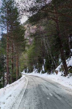 Bir kış dağ yolunda bir görünümünü kar ve kuma bir çam ormanı ile kaplı. Kar altında asfalt yol. Mevsim ve kış seyahat kavramı. Kış orman