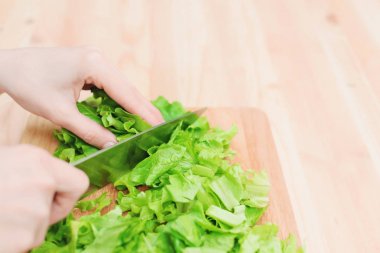 Yemek salata sebze evde bir ahşap kesme tahtası üzerinde gelen yeşil bitki salata doğrama yakın çekim eller. Vejetaryenlik ve sağlıklı yaşam kavramı