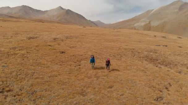 Flygfoto av ett par resenärer man och kvinna med stora ryggsäckar i hattar och solglasögon promenad längs en alpin platå omgiven av episka berg — Stockvideo