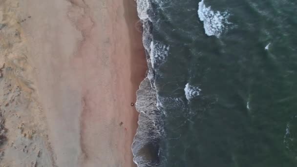 Vue aérienne d'une plage tropicale à l'heure bleue après le coucher du soleil montrant des images en soirée de vagues océaniques vertes mousseuses s'écrasant sur la côte. Vue de dessus sans personnes 