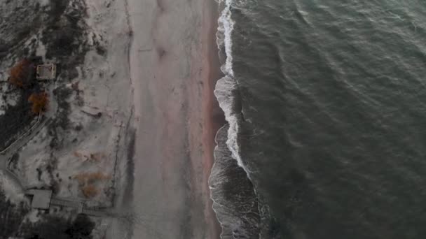 Luftaufnahme eines leisen Videos über einen tropischen Strand zu blauer Stunde nach Sonnenuntergang, das Abendaufnahmen von grün schäumenden Meereswellen zeigt, die auf die Küste krachen. Ansicht von oben ohne Menschen — Stockvideo