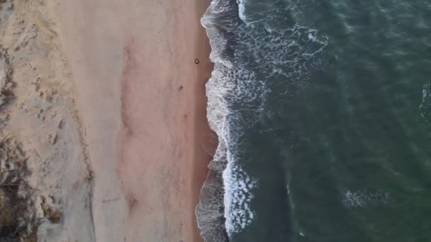 Luchtfoto van een low-key Een video over een tropisch strand op blauw uur na zonsondergang met 's avonds beelden van groene schuimende oceaangolven die neerstorten op de kustlijn. Top view zonder mensen — Stockvideo