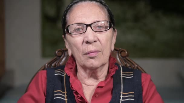 Portrait of an elderly pensive woman in glasses leaning on her arm indoors sitting and thinking. Elderly woman 80 years old — Stock Video